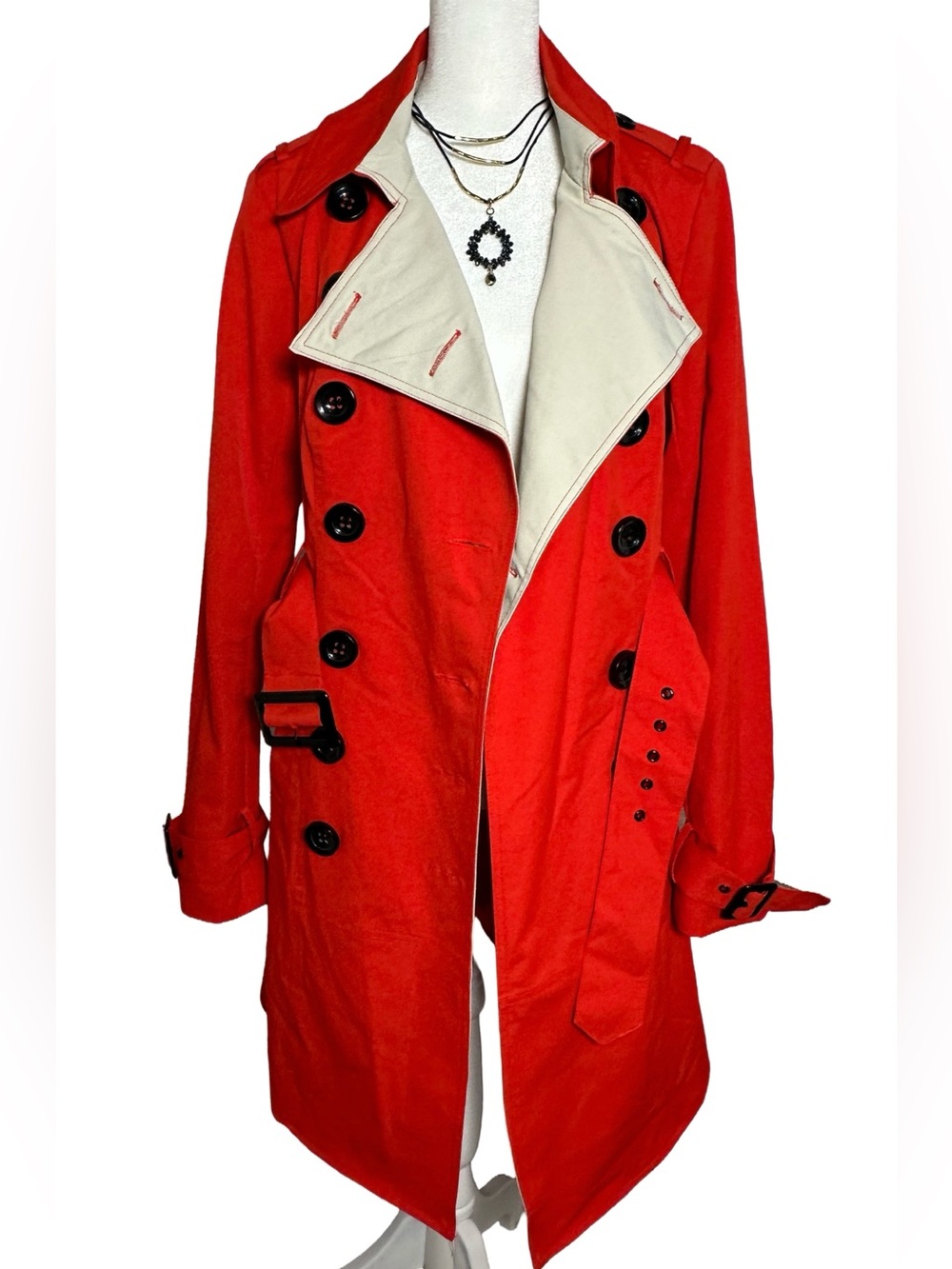 Worthington Red Trench with Cream Lining Burberry Look-a-like Vintage Look NWT - Picture 2 of 10